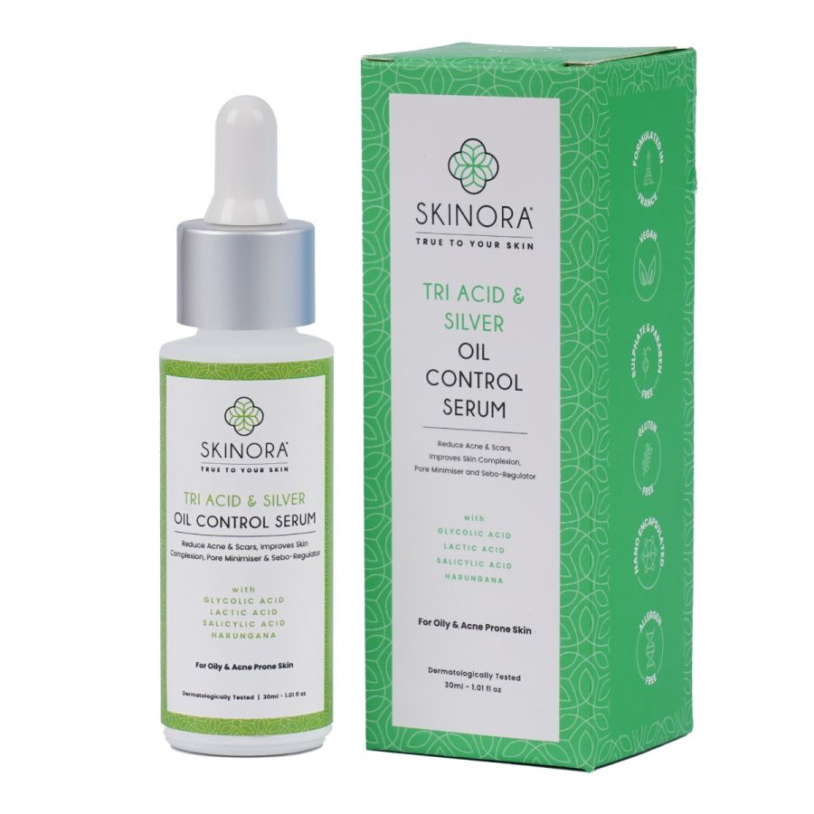 Skinora Tri Acid & Silver Oil Control Serum| Reduces Acne & Scars| Minimizes Pores & Regulates Sebum| For Oily & Acne-Prone Skin